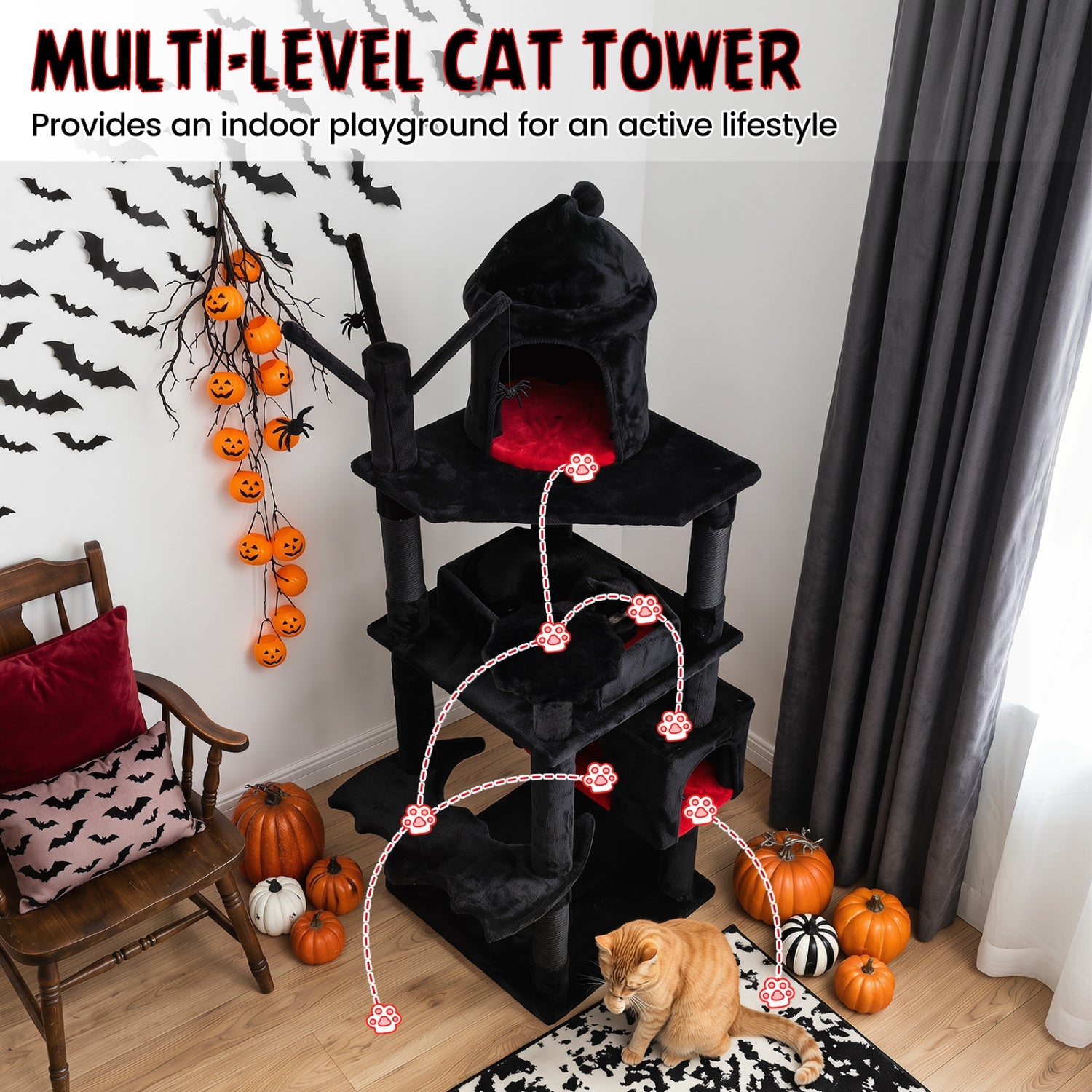70-Inch Gothic Cat Tree with Castle and Coffin Bed