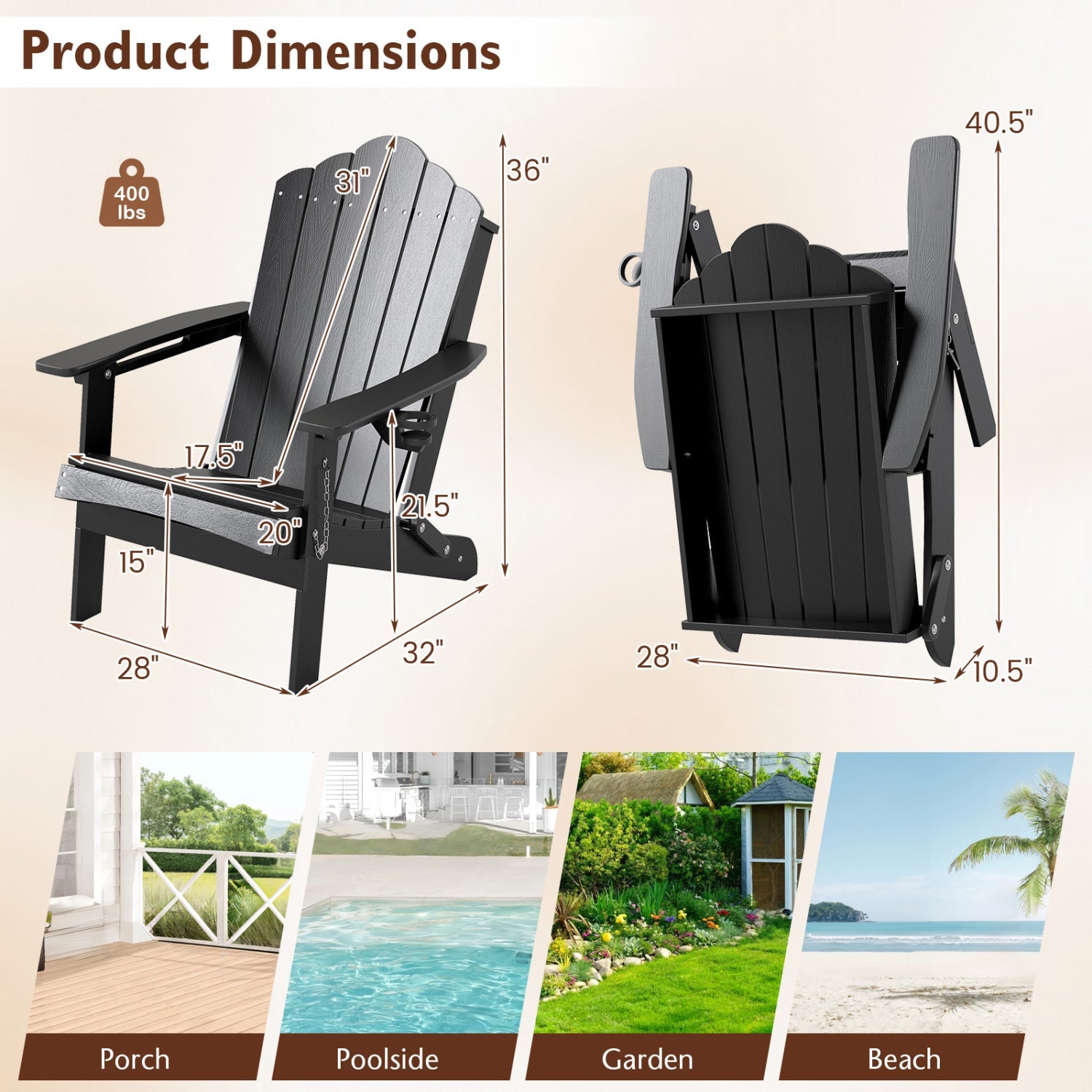 Folding Adirondack Chair with High Backrest - HDPE Weather Resistant