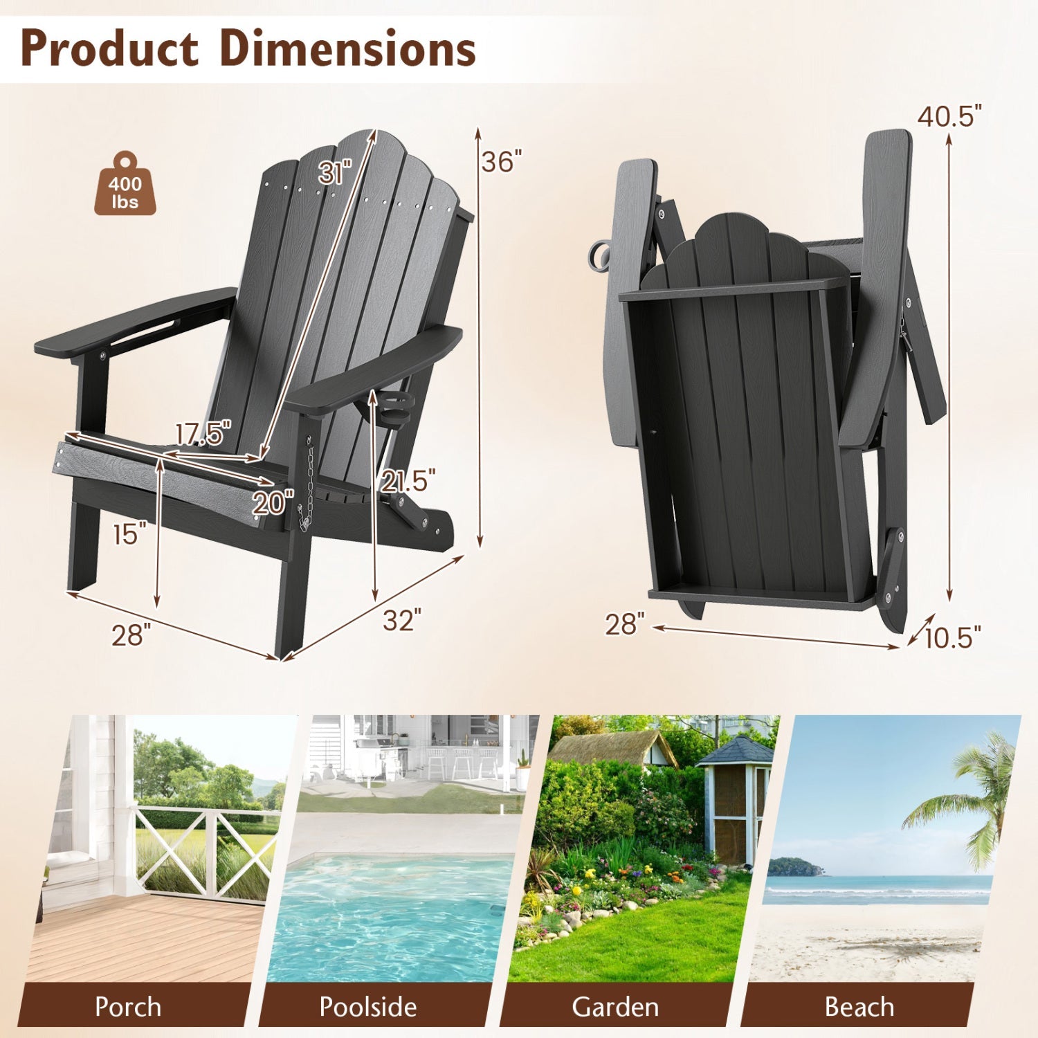 Folding Adirondack Chair with High Backrest - HDPE Weather Resistant