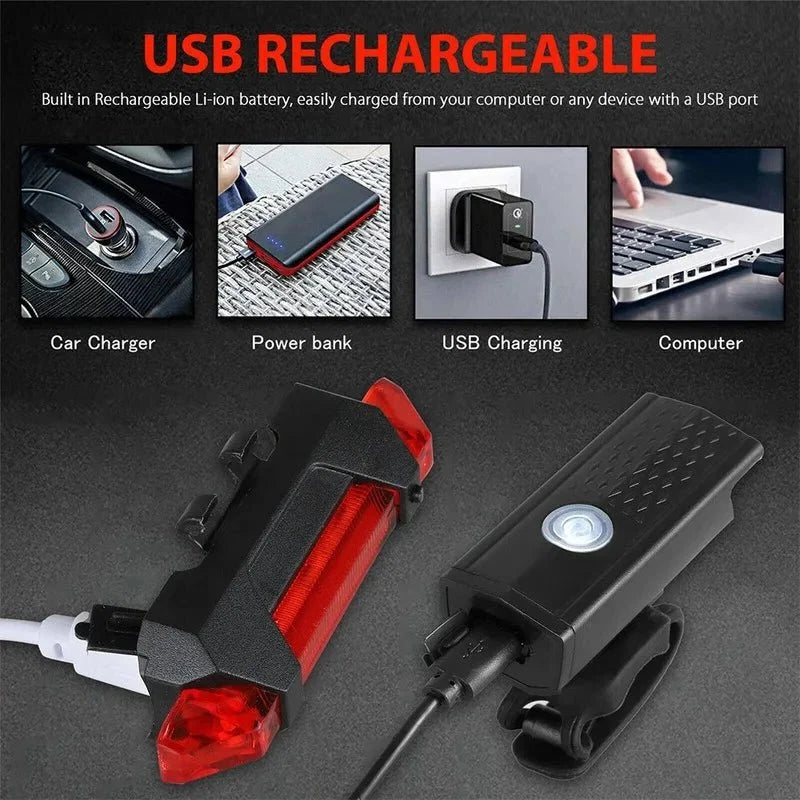 USB Rechargeable Bicycle LED Light Set | Front and Rear Bike Lights for Night Safety