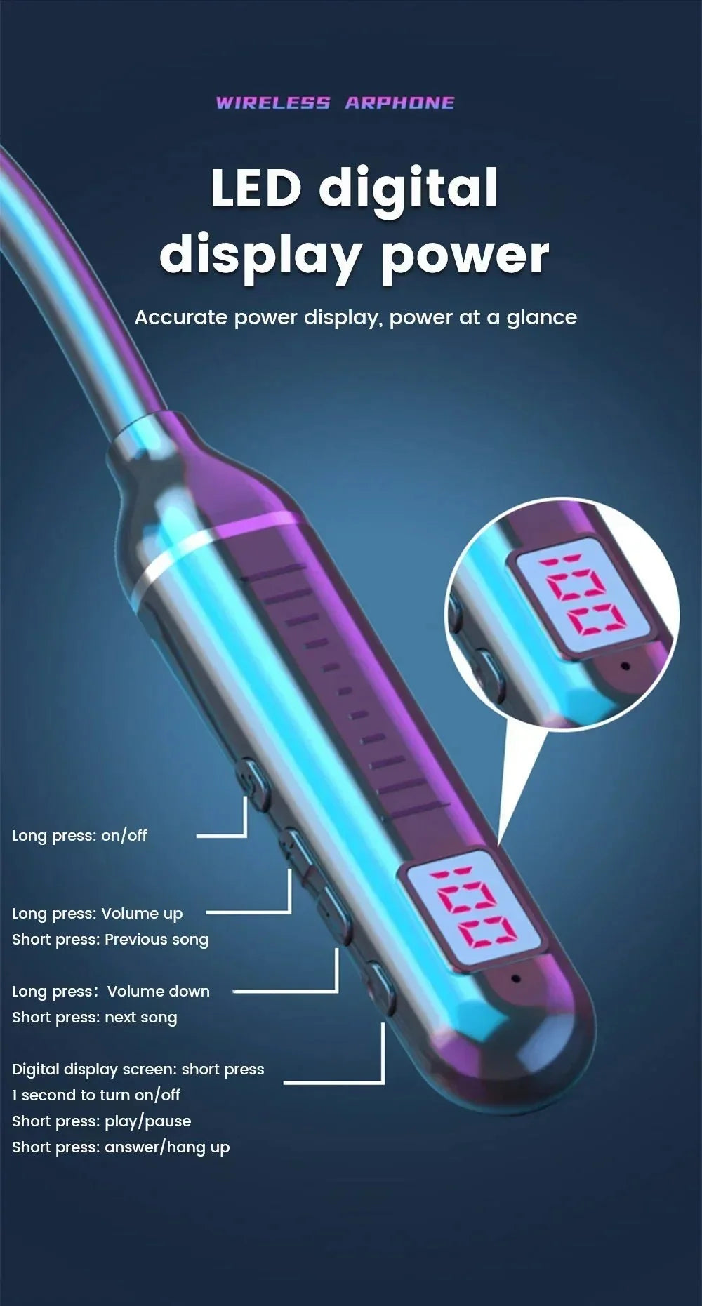 Wireless Neckband Headphones | Bluetooth 5.2 Earphones with Noise Cancelling and LED Display