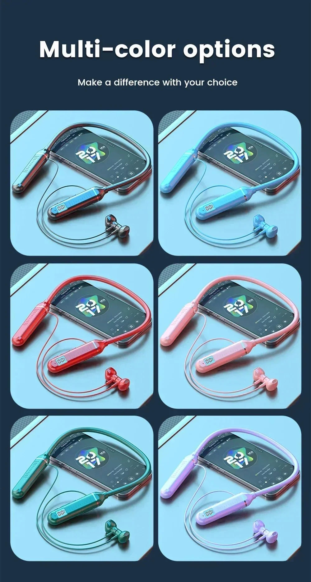 Wireless Neckband Headphones | Bluetooth 5.2 Earphones with Noise Cancelling and LED Display