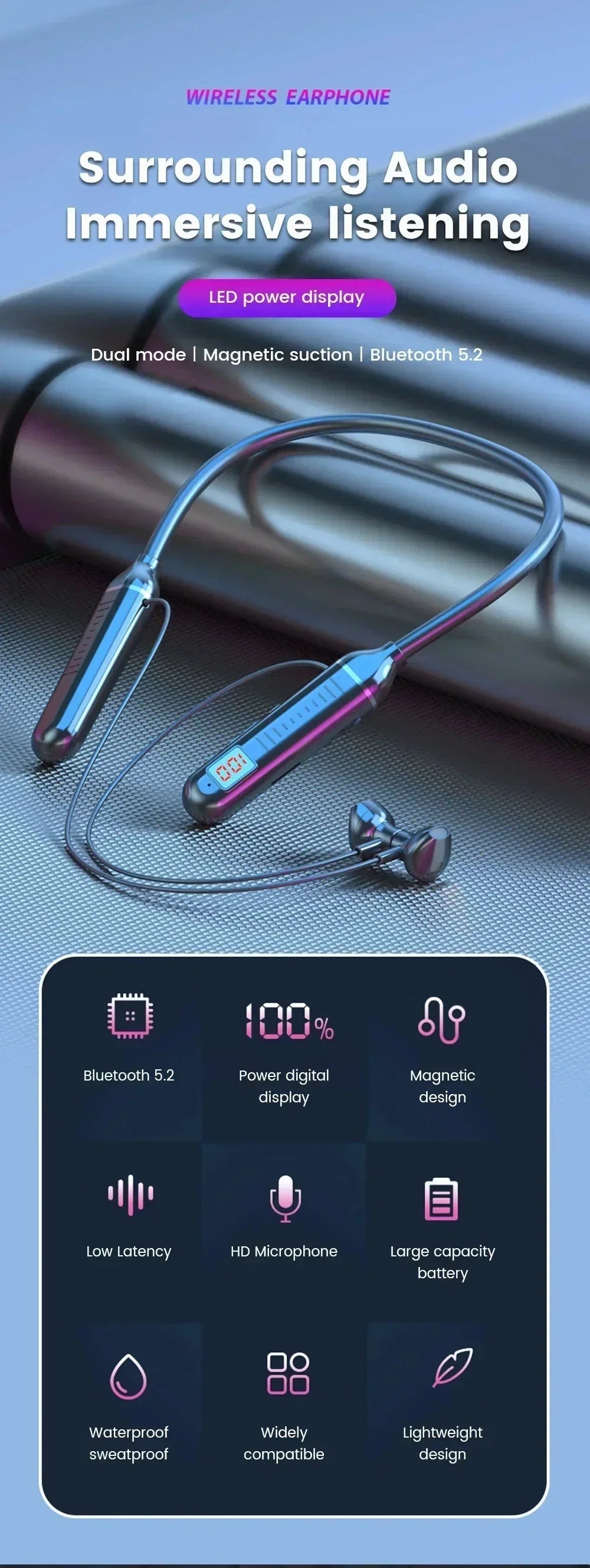 Wireless Neckband Headphones | Bluetooth 5.2 Earphones with Noise Cancelling and LED Display