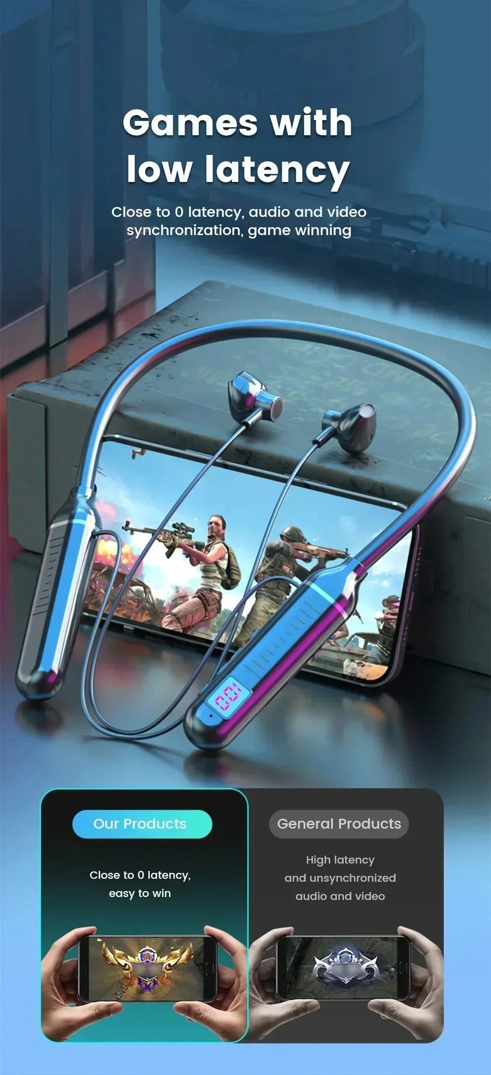 Wireless Neckband Headphones | Bluetooth 5.2 Earphones with Noise Cancelling and LED Display