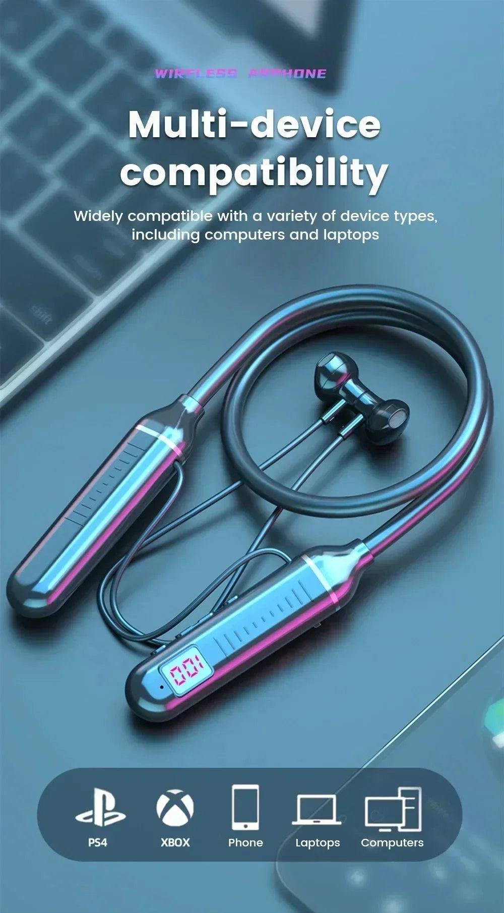 Wireless Neckband Headphones | Bluetooth 5.2 Earphones with Noise Cancelling and LED Display