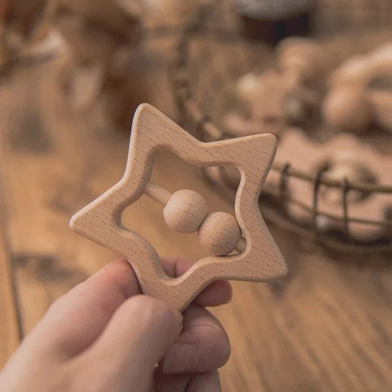Wooden Baby Rattles Set | Beech Wood Teether and Musical Montessori Toy for Infants