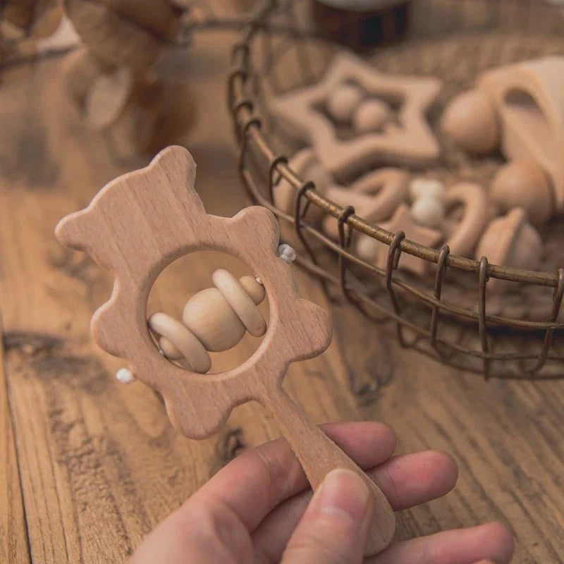 Wooden Baby Rattles Set | Beech Wood Teether and Musical Montessori Toy for Infants